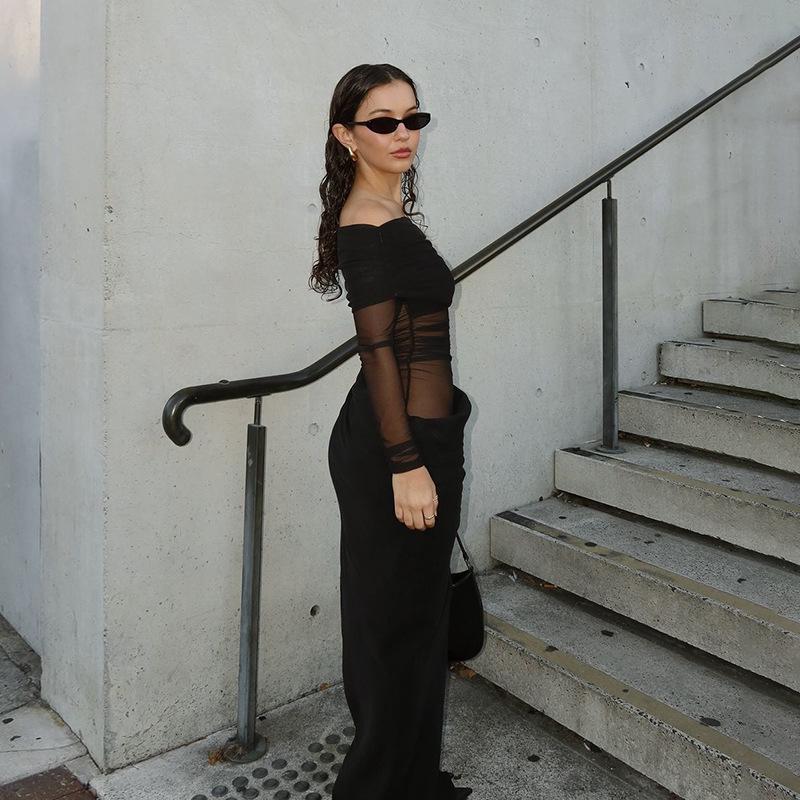 European & American Women's One-Shoulder Mesh Patchwork Evening Gown