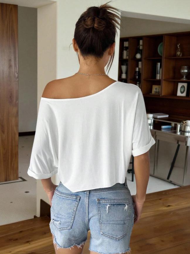 Haut T-shirt Casual Court Décolleté Bardot pour Femme Style Européen & Américain