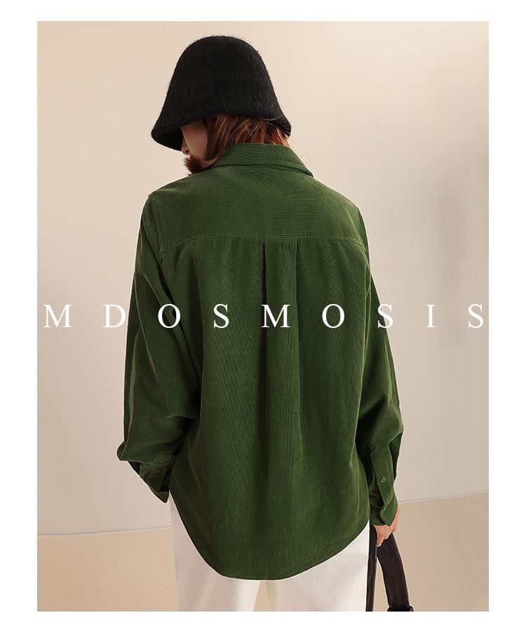 Women's Long Sleeve Washed Corduroy Blouse - Drop/Regular Shoulder, 100% Cotton, Slim Fit, for Spring, Autumn, Winter.