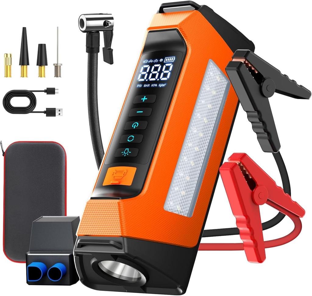 Startovací box do auta s vzduchovým kompresorem, 800 lumenovým LED světlem a 180 PSI přenosnou baterií, 12V automatický hustič pneumatik a startovací box v jednom, LCD displej