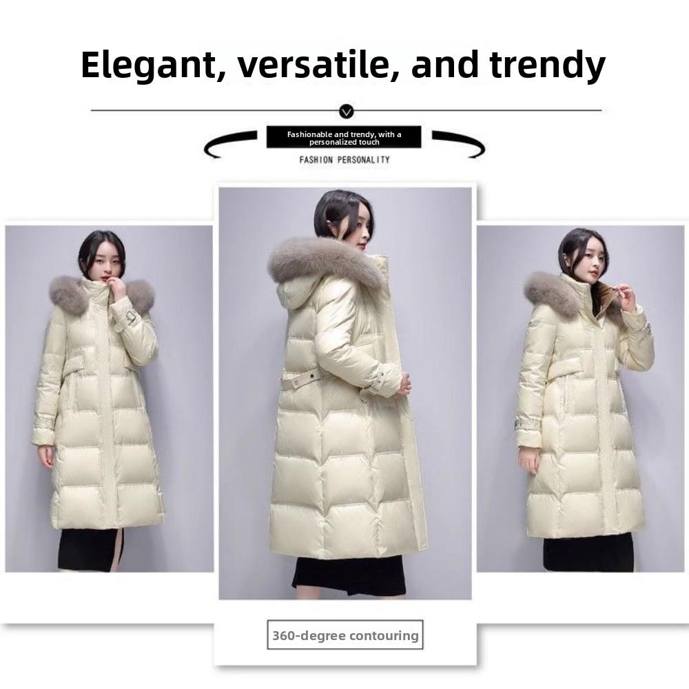 Snow Winter Girls Down Jacket Hooded Big Fur Collar Medium and Long Jacket Fashion Glossy Duck Down Top