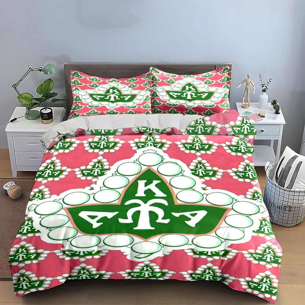 3Pcs AKA Ivy Pearl Diamond Bedding SetPink Green Sorority Logo Print Duvet Cover 2 Pillowcases Single Double King QueenGift