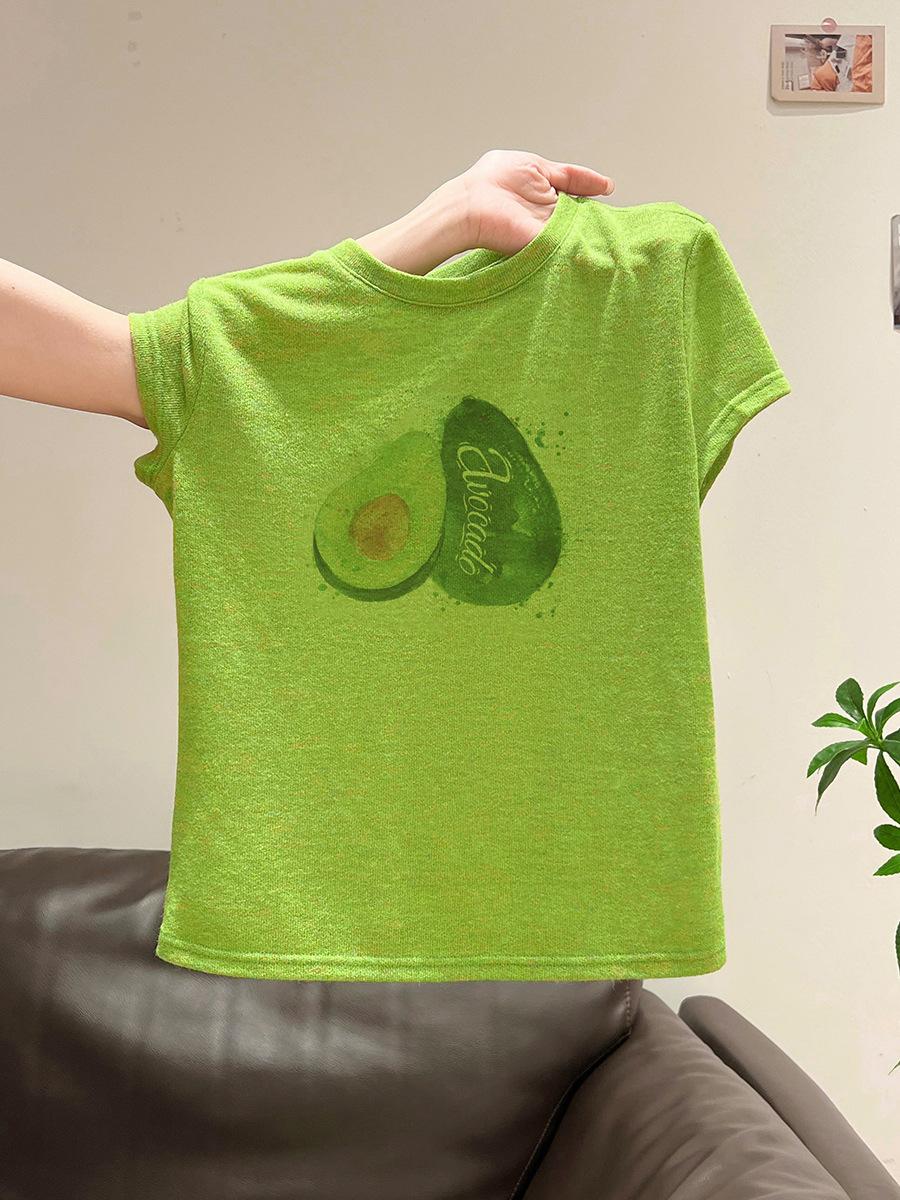 

Korean print slim-fitting and thin round neck short-sleeved T-shirt women s summer new front shoulder design short top S зелёный