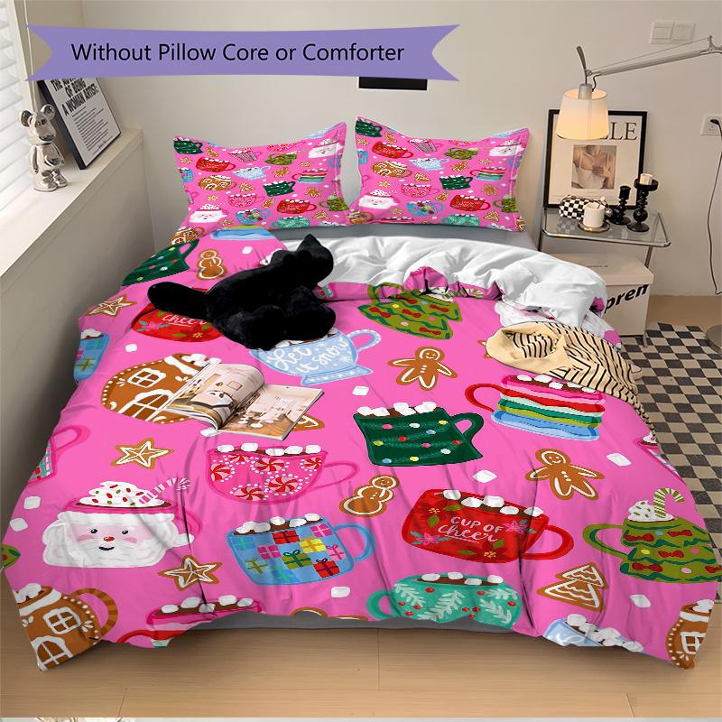 3Pcs Christmas Hot Chocolate Bedding Set Quilt Cover Pillowcase Home Christmas Halloween Gift 1 Duvet Cover 2 Pillowcase S1163