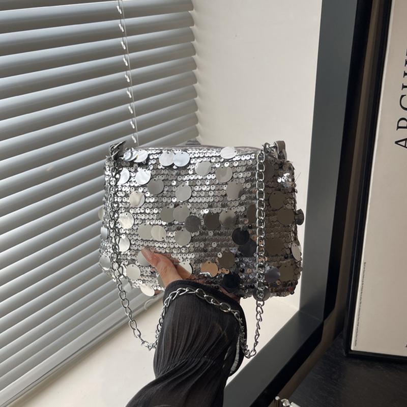 Sequin Evening Party Shoulder Bag for Women Lightweight Chain Crossbody Bag Solid Color Casual Female Handbag Fashion Trendy