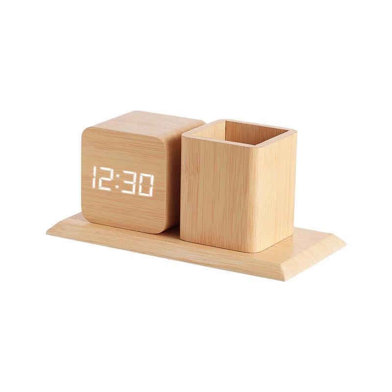 

HANDUNYOU Wooden Grain Alarm Clock Pen Holder