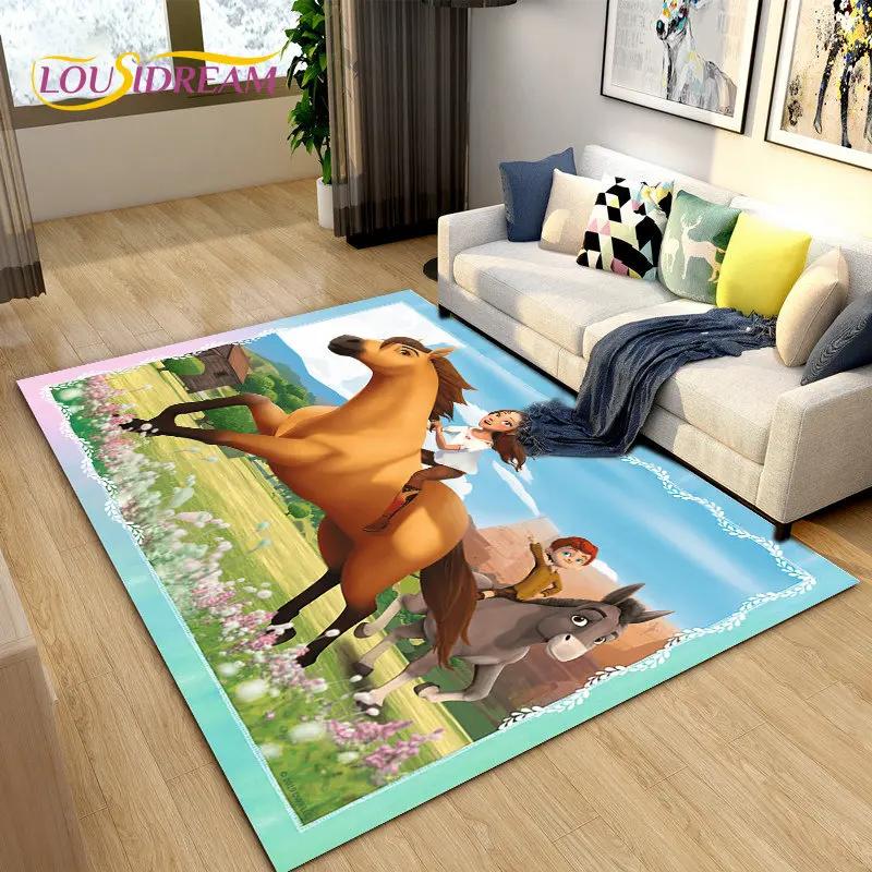 Cartoon Spirit Riding Free Horses Area Rug,Carpet Rug for Living Room Bedroom Sofa Doormat Decoration, Kids Non-slip Floor Mat