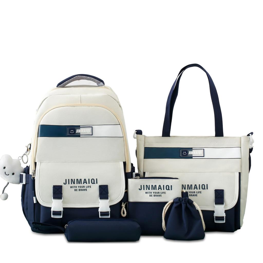Student Backpack Five Piece Set With Simple Letter Print For High School And Middle School Students