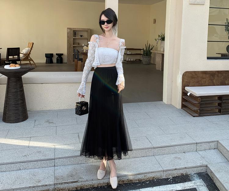 Spring Summer Women Mesh Half Length Skirt Women's Elastic High Waist Skirts Long Mermaid Female Bottoms for Slim Women