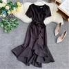 French Elegant New One Piece Dress Women V-neck High Waist Ruffles Sweet Party Dresses Female Korean Fashion Bow Vintage Fairy Dress 2024
