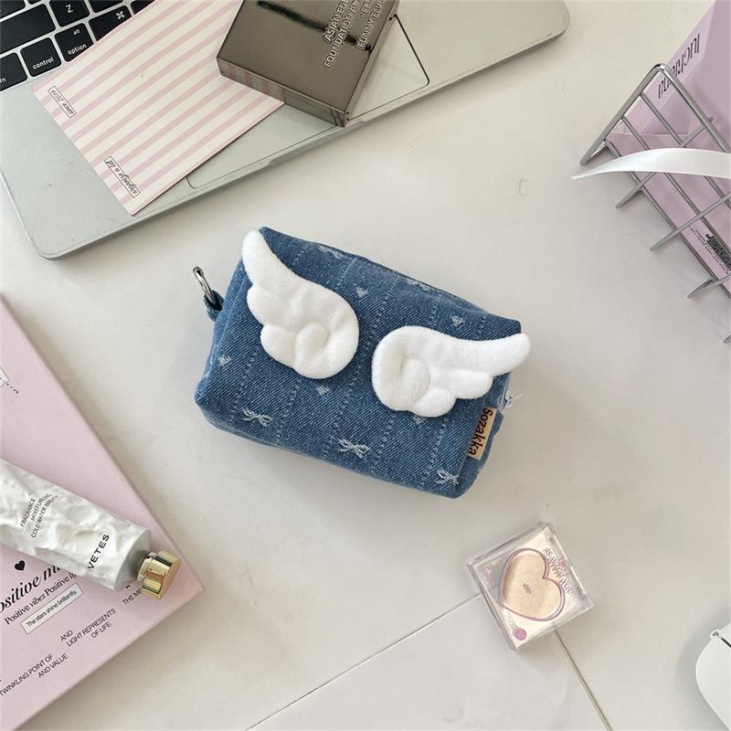 

Sweet Angel Wing Star Women S Denim Cosmetic Bag Coin Purse Headphone Bag Large Capacity Travel Small Item Storage Bag Girl Gift