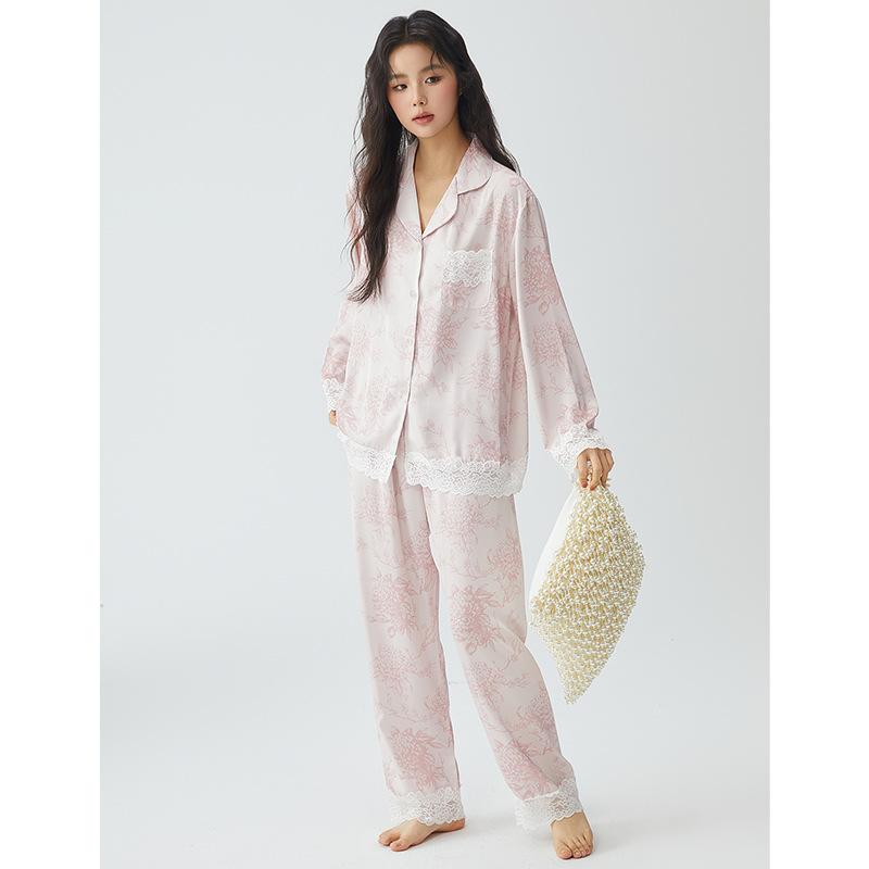 Pajamas women's spring 11 new ice silk lace big flower high-end loungewear women's summer one
