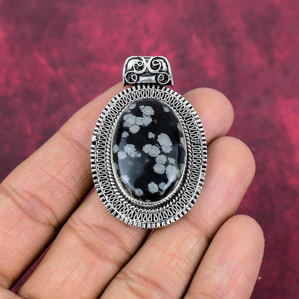 Hänge av snöflingeobsidian, 925 sterling silver, ädelsten, handgjort, delikat smyckeshänge, för henne