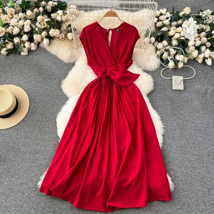 Sommer Neues Französisches Chic Maxikleid Damen V-Ausschnitt Ärmellos Schnürung A-Linie Falten Damenkleider Damen