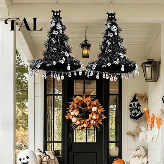 Autumn Seasonal Decor Halloween Witch Hat Pumpkin Decor, Metallic Rain Curtain Door Hanging Ornament for Creepy Holiday Props Party, Spooky