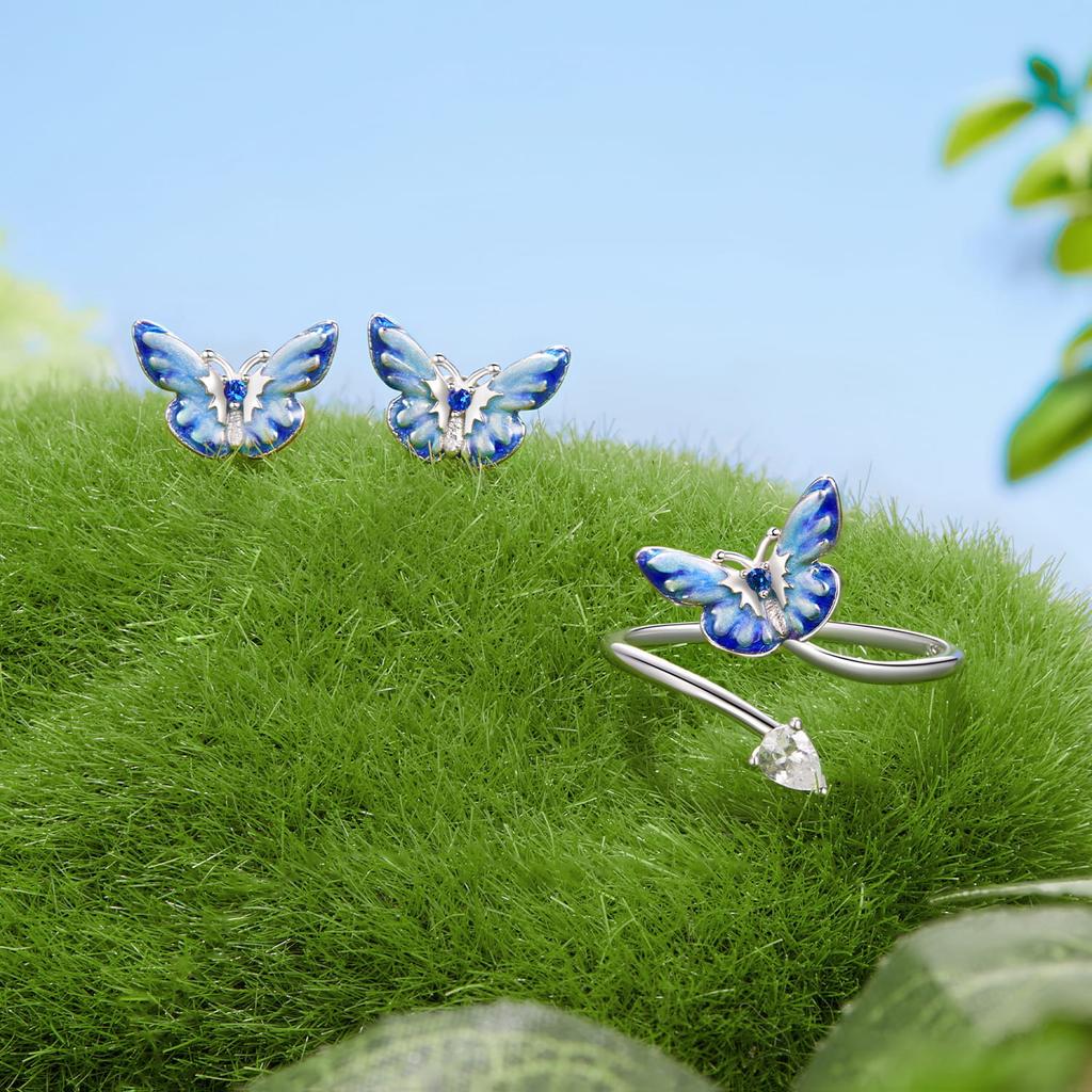 Silver universal ring blue butterfly silver 925