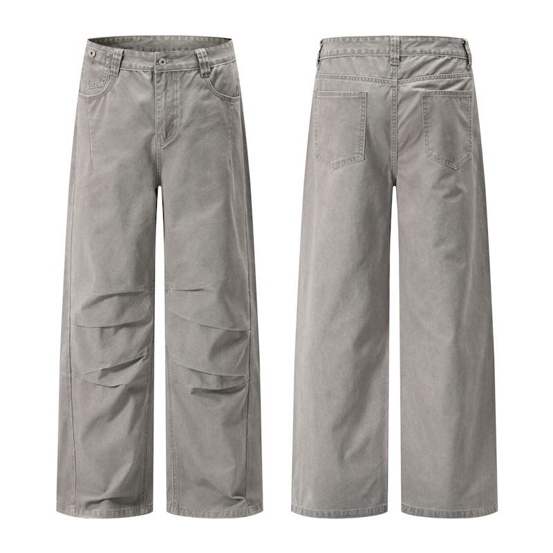American retro trendy brand pleated design casual pants men's trend fashion loose wide-leg straight overalls
