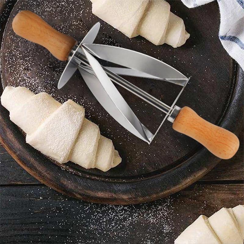 Stainless Steel Croissant Cutter Irregular Roller Cutter with Wooden Handle Pastry Baking Croissant Bread Knife Kitchen Gadgets