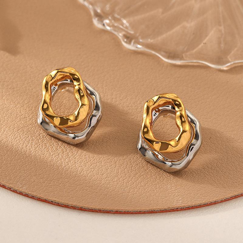 Vintage Gold Color Irregular Hammered Stud Earrings for Women Minimalist Metal Geometric Chunky Earrings Zircon Gift