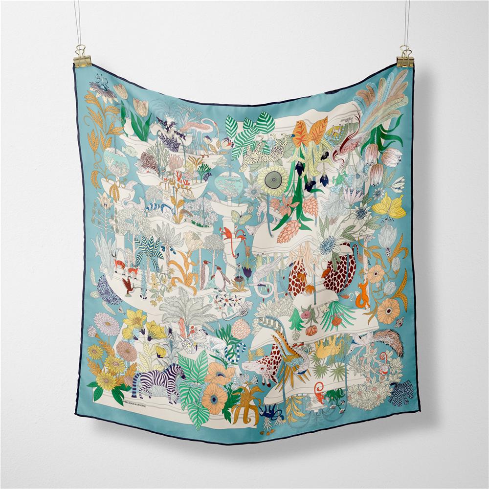 Twill Silk Scarf Woman Horse Floral Print Square Scarves Wraps Bandana Small Hijabs Foulards Lady Tie Headband Neckerchief 53CM