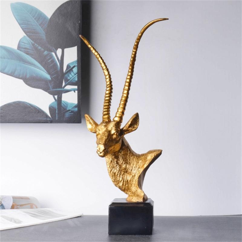 Modern Resin Antelope Head Sculpture with Base for Farmhouses Home Office Living Room Bookshelves Decorative Ornament