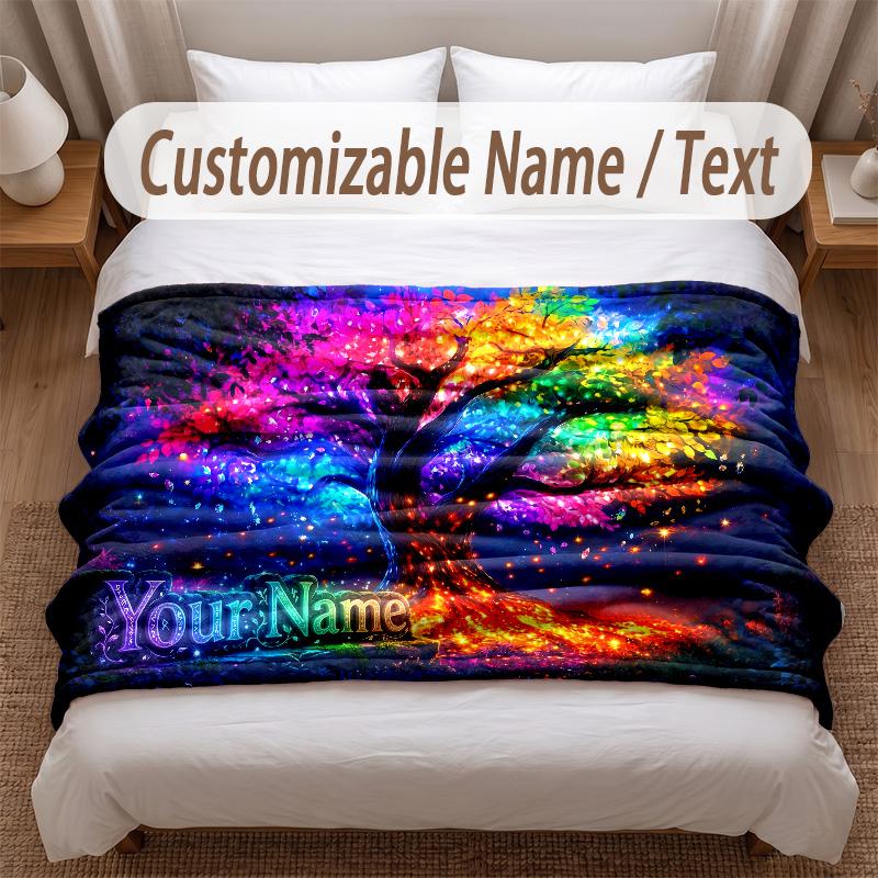 Pătură moale cu tematica Arborele Vieții Personalizată cu Numele Clientului Text Imprimat Pătură Caldă Decor pentru Casă Canapea Dormitor