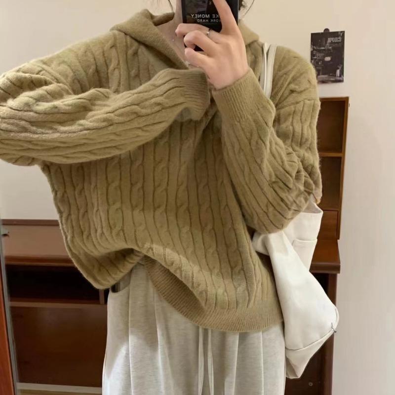 Autumn and winter new twist sweater women's hooded pullover retro lazy loose soft waxy knitted sweater sweater top women