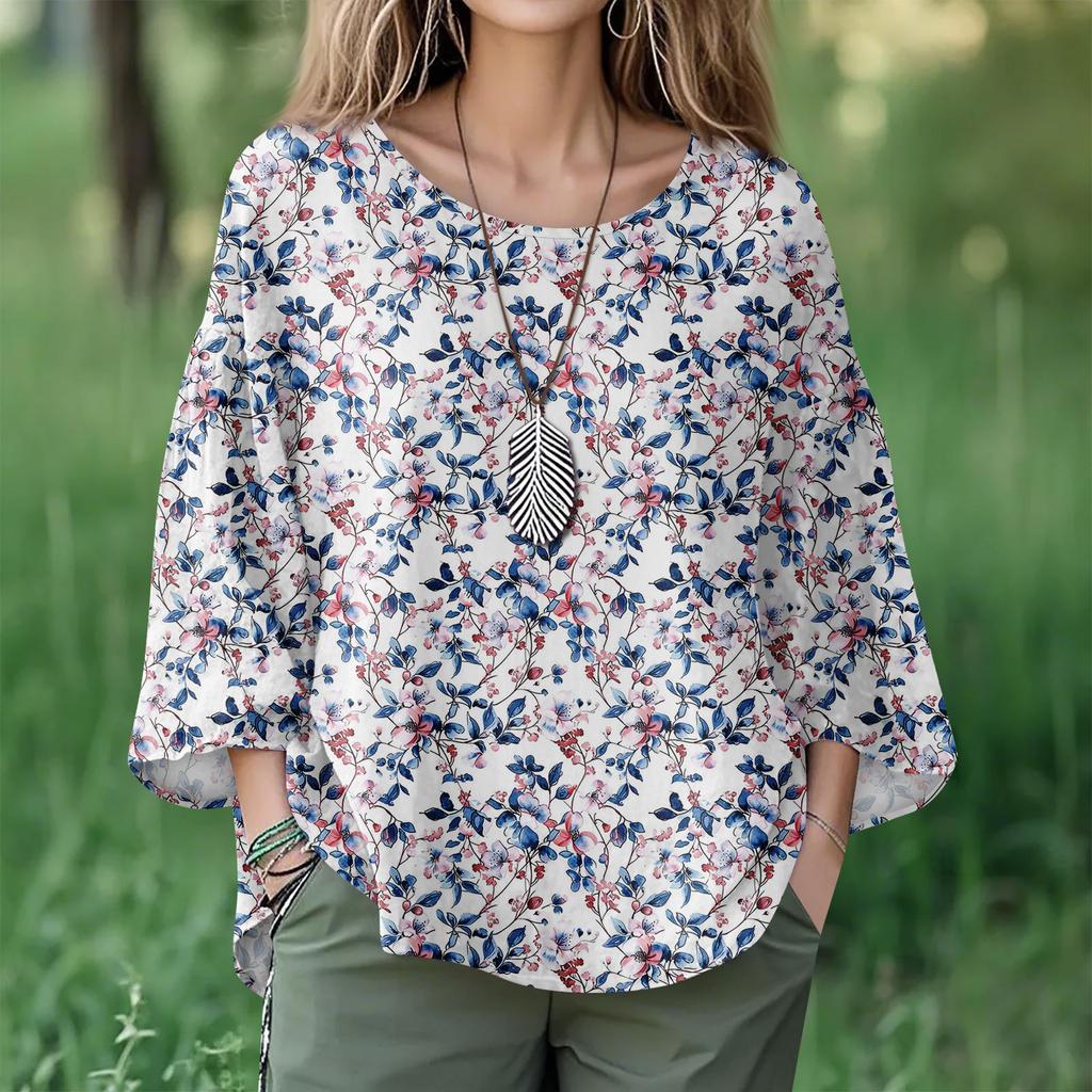 Summer Tops For Women Cute O Neck 3/4 Sleeve Blouses Floral Print Top Casual Shirts