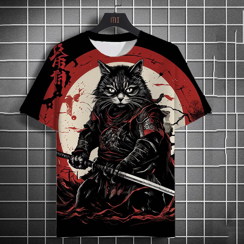 Summer Men's Fashion Casual Print Men's Cat Warrior Guard with Knife Art Print Hooded T-Shirt Round Neck Street T-Shirt top