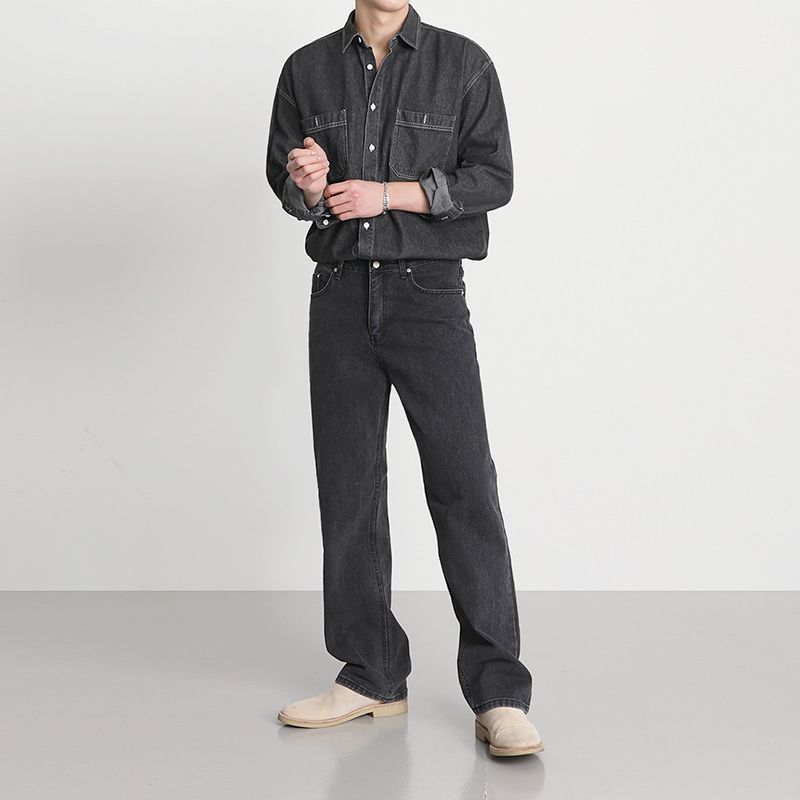 Jeans men's spring Korean version loose trend high street washed old solid color straight wide-leg trousers
