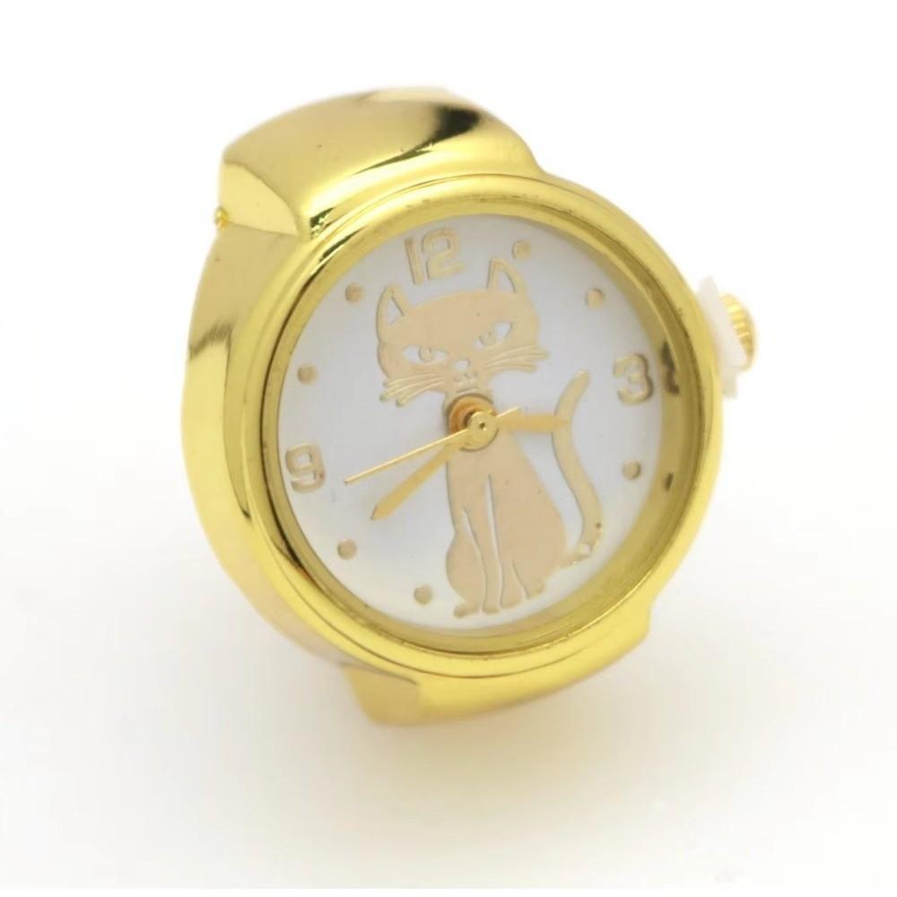 Round Finger Ring Watch Gold Cat Dial Clock Punk Quartz Watch  Clothes Accessories