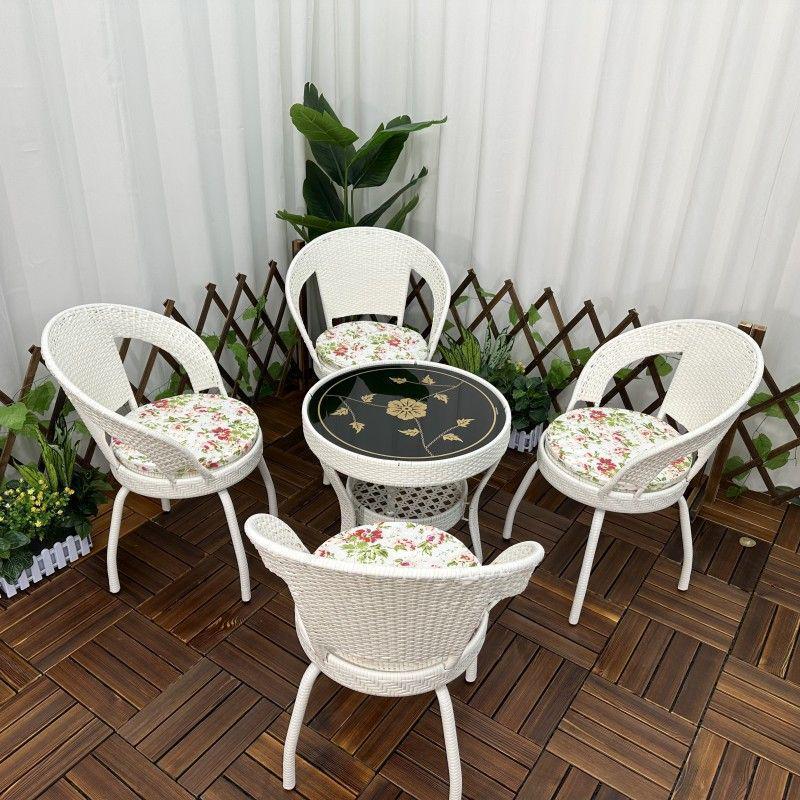 Three-Piece Chinese Style Rattan Table and Chair Set - Indoor Balcony Swivel Chair, Durable Round Five-Piece Swivel Design