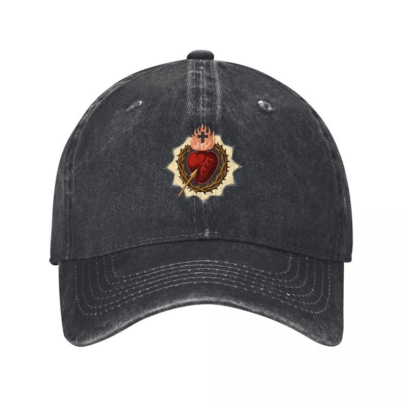 Sacred Heart Embroidered Washed Canvas Baseball Cap Classic Religious Design Black Adjustable Fit Unisex Hat