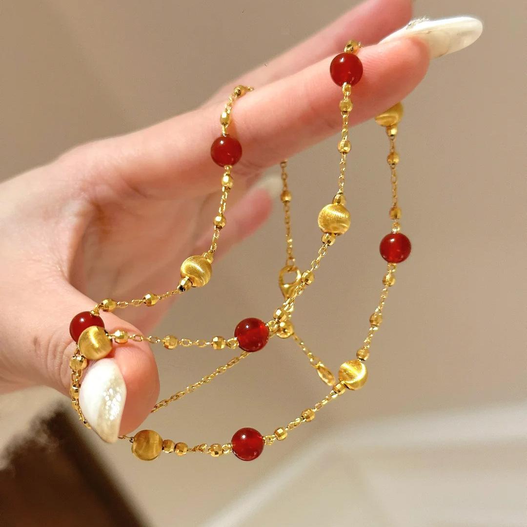 

French Retro Cat S Eye Agate Eternal Night Galaxy Necklace Light Luxury Fashion Bright Red Diamond Gold Beads Stacked Collarbone Chain Woman