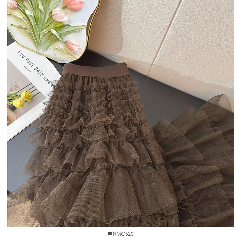 Elegant French Ruffled Multi-layered A-line Fluffy High-waisted Pleated Skirt for Women - Autumn 2025 Collection