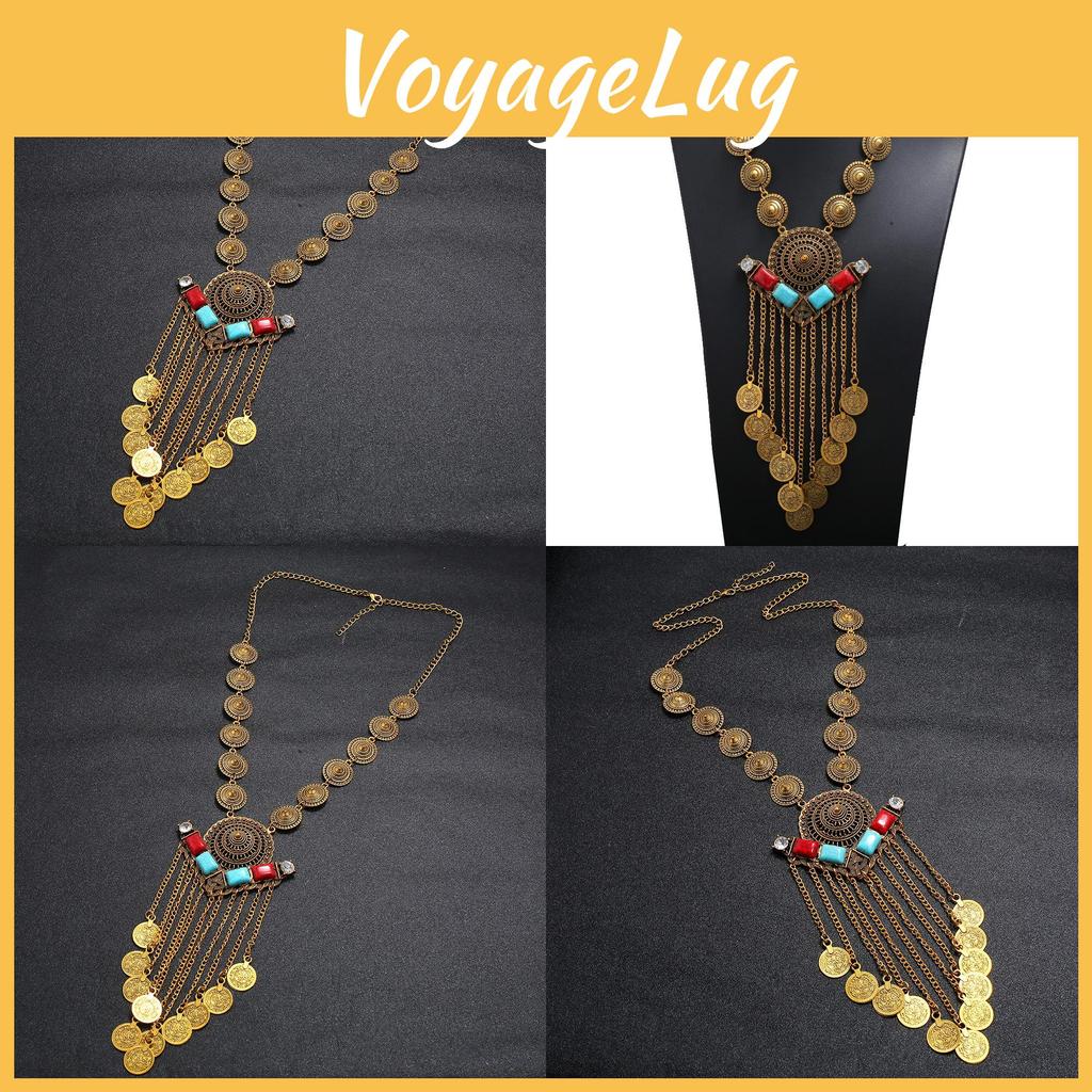 Women Multilayer Retro Coin Long Pendant Necklace With Alloy Chain Waterfall