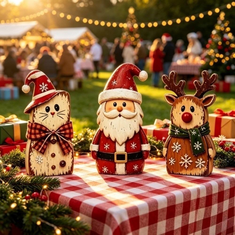 1/3pcs Wooden Christmas Ornaments Cat Double-sided Pattern Xmas Desktop Ornaments Reindeer 2D Flat Christmas Decoration Home