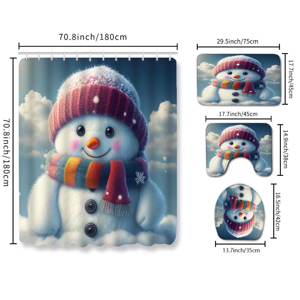 Christmas Toilet Cover Shower Curtain Floor Mat Set Santa Carpet Door Mat Foot Mat Non-Slip Mat