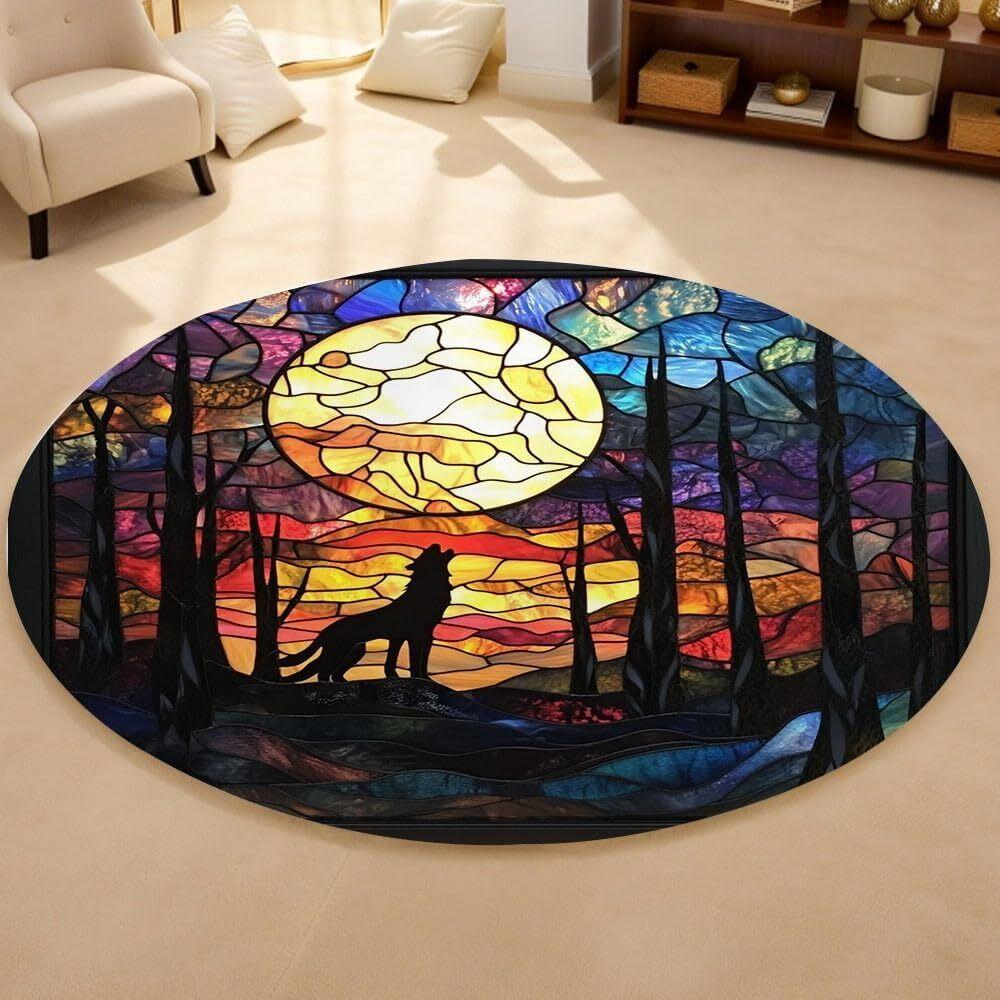 Wolf King Mosaic Glass Circular Carpet Moon Full Night Wolf Living Room Bedroom Retro Border Decorative Carpet Rug