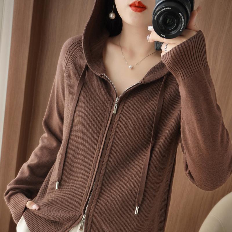 Autumn Sweater Cardigan Women's Wool Hoodie Double Zipper Hooded Sweater Jacket