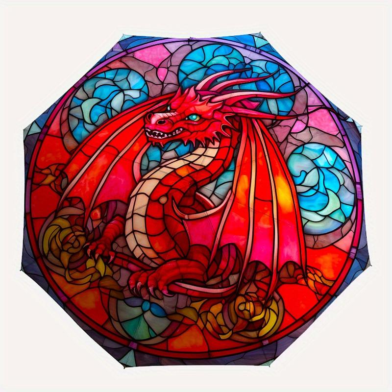 Stained Dragon Window Panel: Vibrant Fantasy Art for Home DecorUmbrella, Portable 3-Fold Compact Umbrella,Christmas Gift ES519