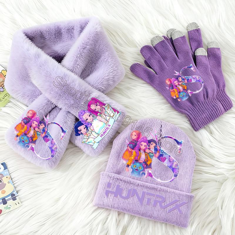 3-teiliges KPop Dämonenjäger Kinder Strickmütze Handschuhe Schal Set Niedliche Mädchen Winteraccessoires Strickmütze Schals Weihnachtsgeschenke