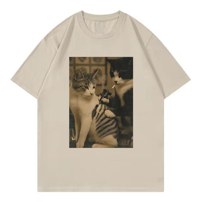 Retro Smoking Cat Design Printed Funny T Shirts Women Cat Tshirt Round Neck Short Sleeve Trendy Tee Shirt Streetwear
