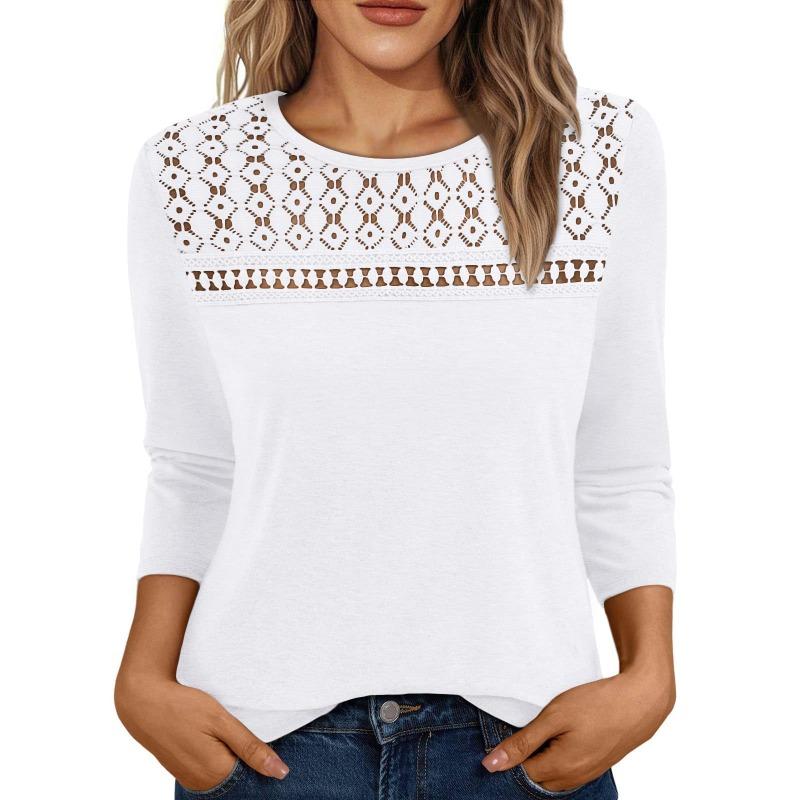 Women's Autumn Round Neck Top Lace Hollow Breathable Versatile Long Sleeve T-shirt