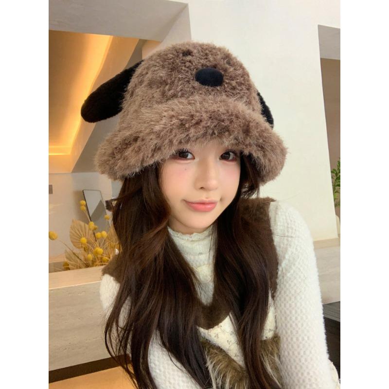 Women Students Cute Plush Dog Long Ear Bucket Hat Autumn Winter Warm Windproof