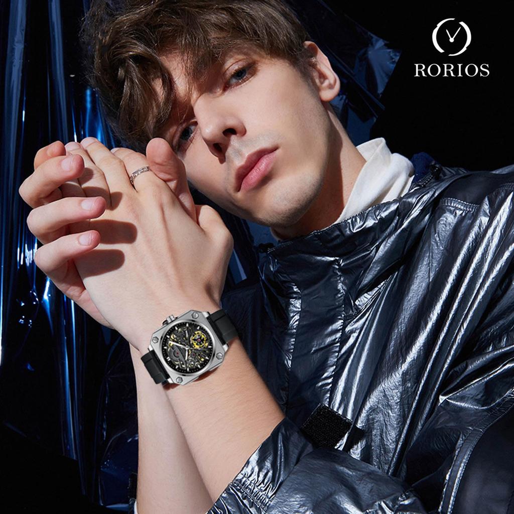 RORIOS Men's Mechanical Automatic Watch – Black, Luminous, Water-Resistant