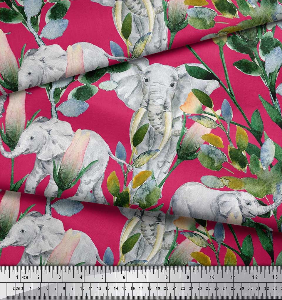 Soimoi Japan Crepe Satin Fabric Leaves,Floral & Elephant Animal Printed Craft Fabric by the metre 42 Inch