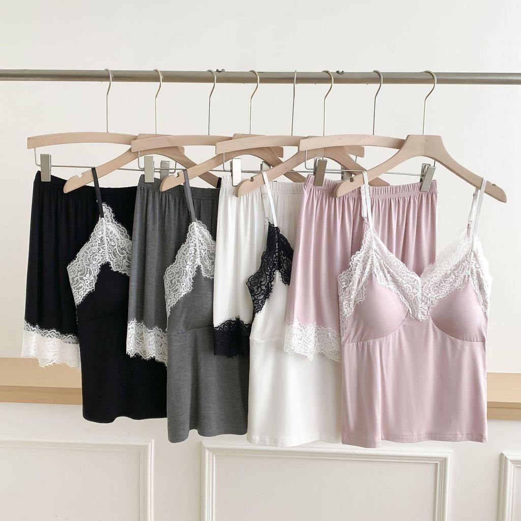 Women's Lace Camisole Pajama Set: Lightweight Two-Piece with Bra Pads and Shorts for Summer.