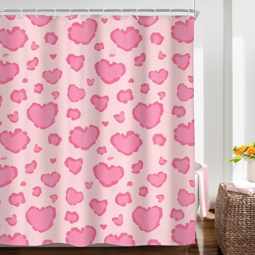 Pink Heart Shower Curtain Valentine's Day Romantic Love Pattern Waterproof Polyester with 12 Hooks