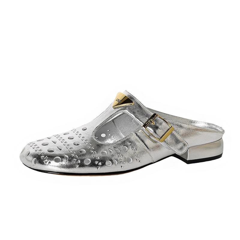 

Модная женская обувь из натуральной кожи, коровьей кожи, с металлической эластичной пряжкой, дышащая, на низком каблуке, с закрытым носком, шлепанцы Мюли 250 серебряный